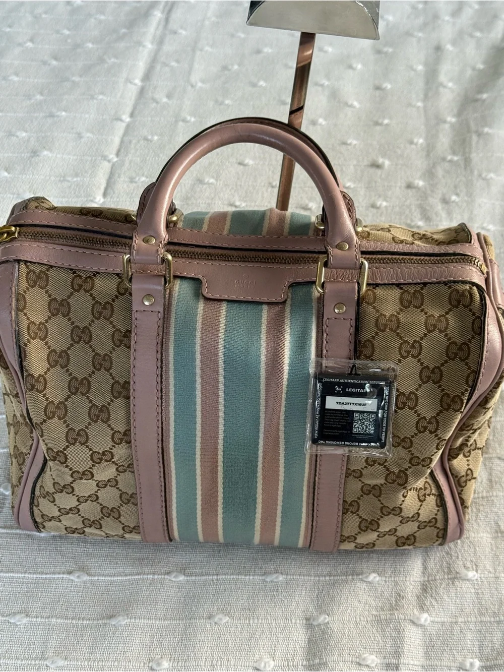 Gucci Beige GG Canvas Satchel with Pink Trim and Blue-Green Stripe
